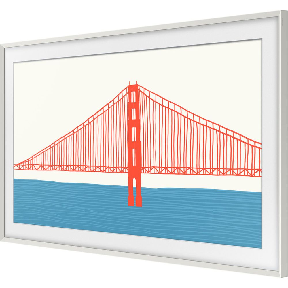Ilustración enmarcada del Puente Golden Gate en rojo sobre agua azul.