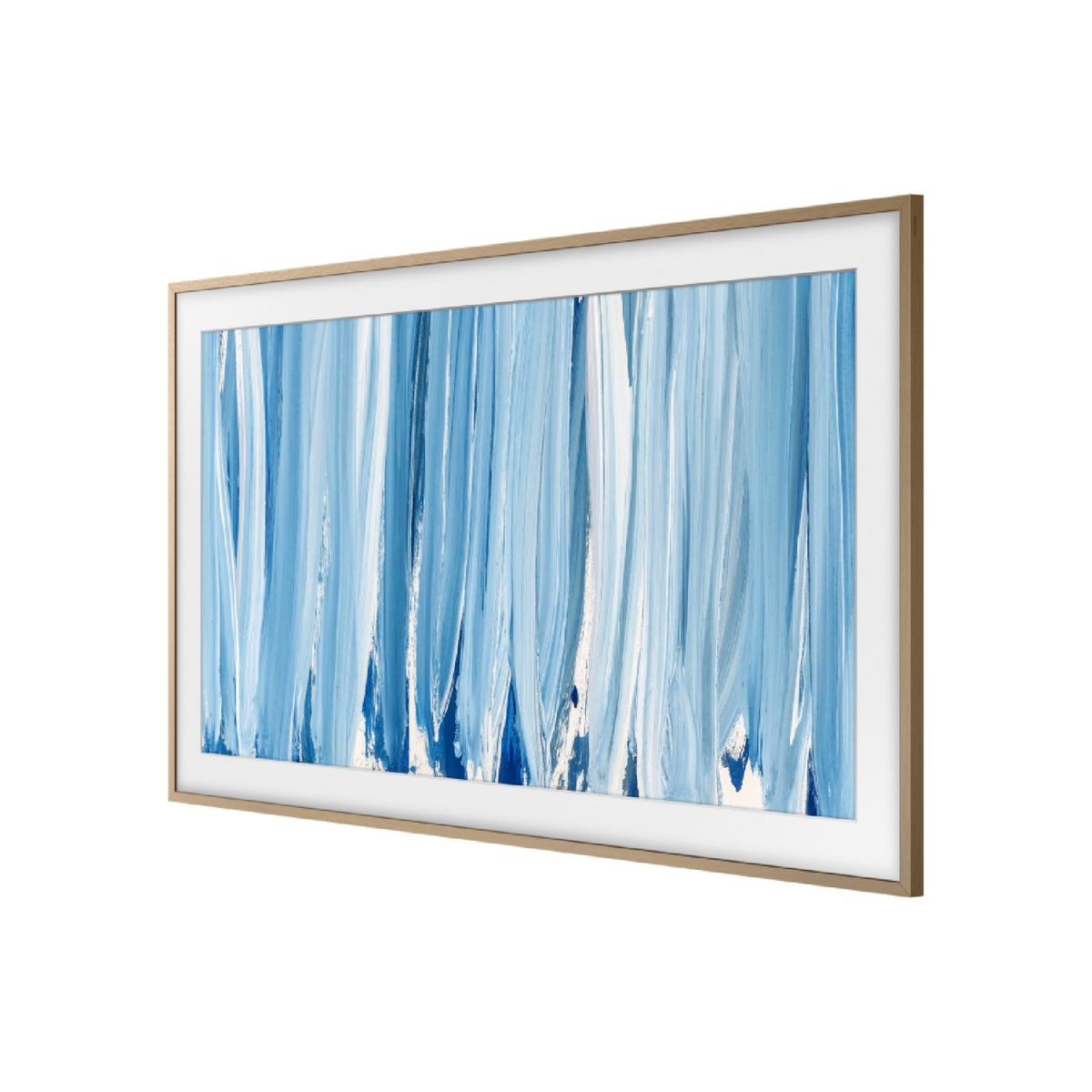Un televisor enmarcado con pinceladas abstractas azules y blancas en la pantalla sobre un fondo blanco.