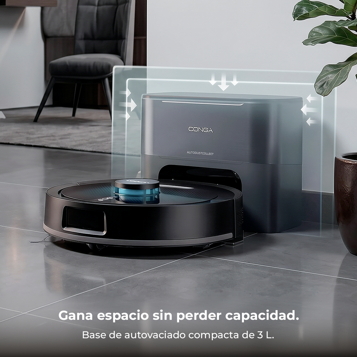 Un robot aspirador negro se acopla a una base de carga gris en el suelo de baldosas.