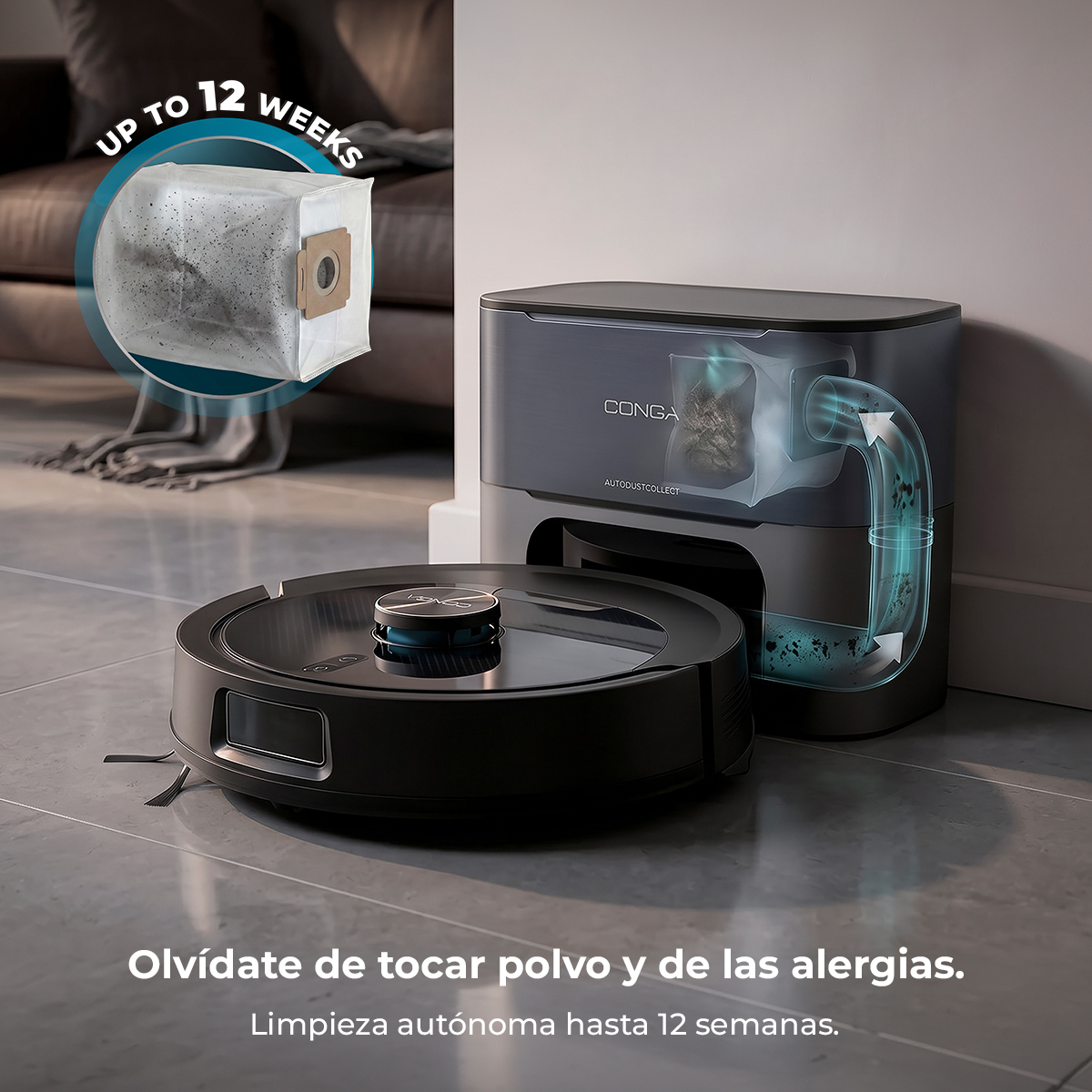 Un robot aspirador negro se acopla a su estación de vaciado, mostrando una bolsa de polvo y gráfico de flujo de aire.