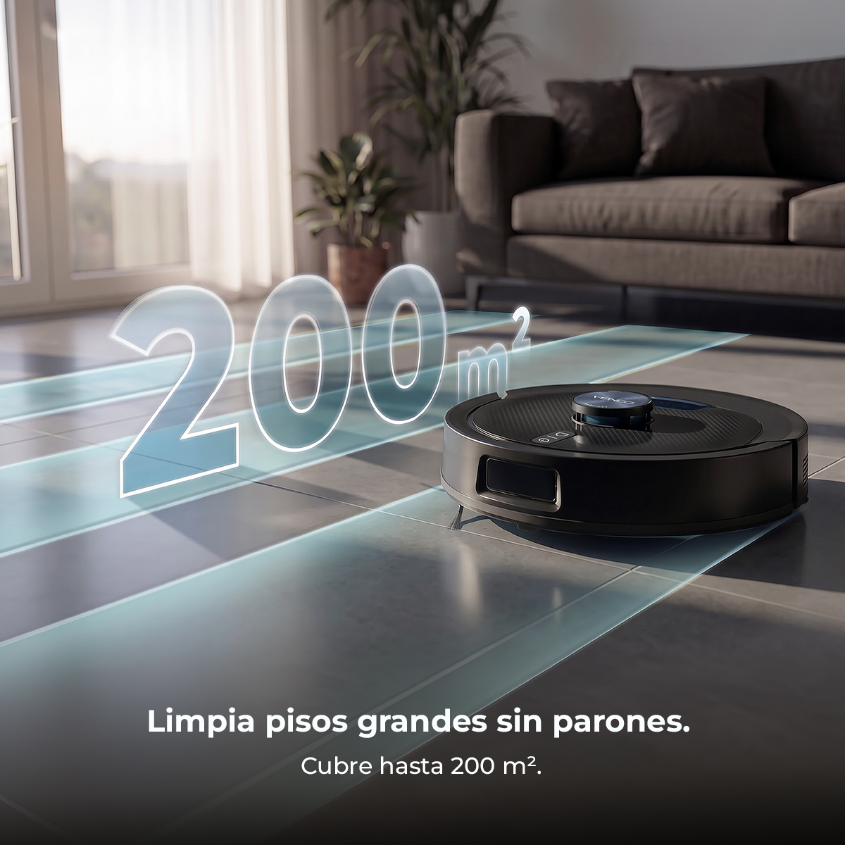 Un robot aspirador negro en suelo de baldosas en una sala, con gráficos luminosos que indican 200 m² de cobertura.