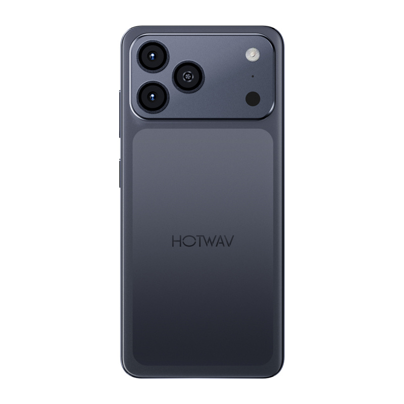 Retro di uno smartphone Hotwav scuro con tripla fotocamera e logo.