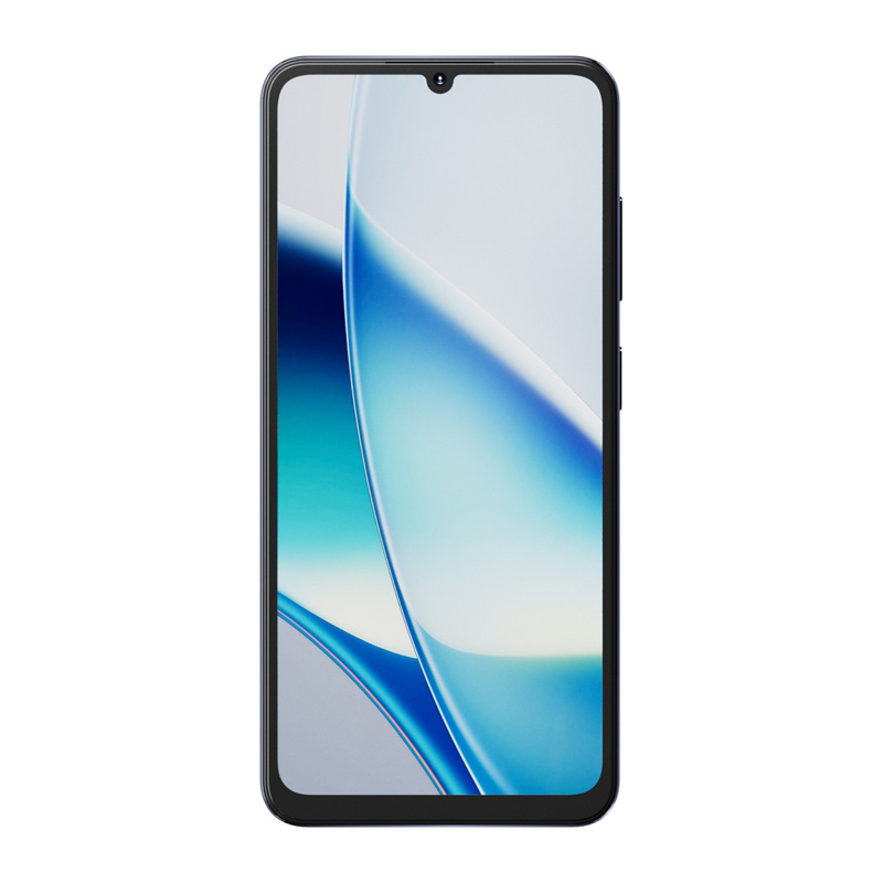 Uno smartphone con uno sfondo astratto blu e bianco e una tacca per la fotocamera.