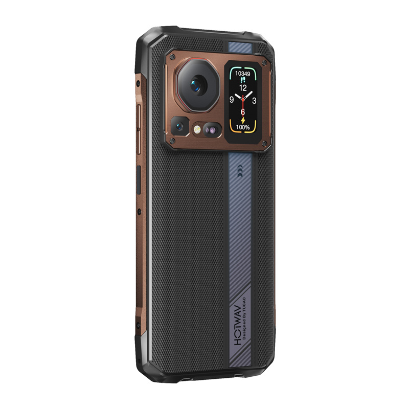 Retro di uno smartphone rugged nero e bronzo con modulo fotocamera e piccolo display.