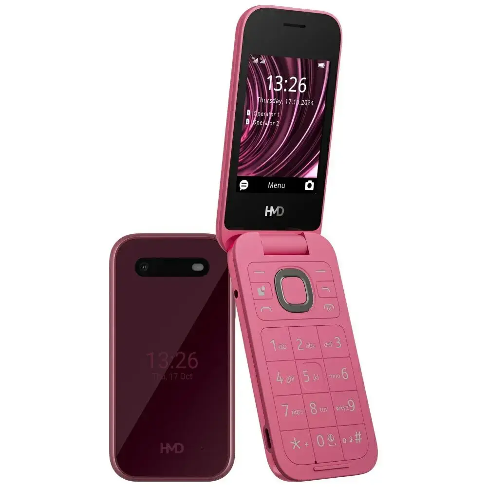Un telefono a conchiglia rosa di HMD, uno aperto con schermo e tastiera, e uno chiuso accanto.