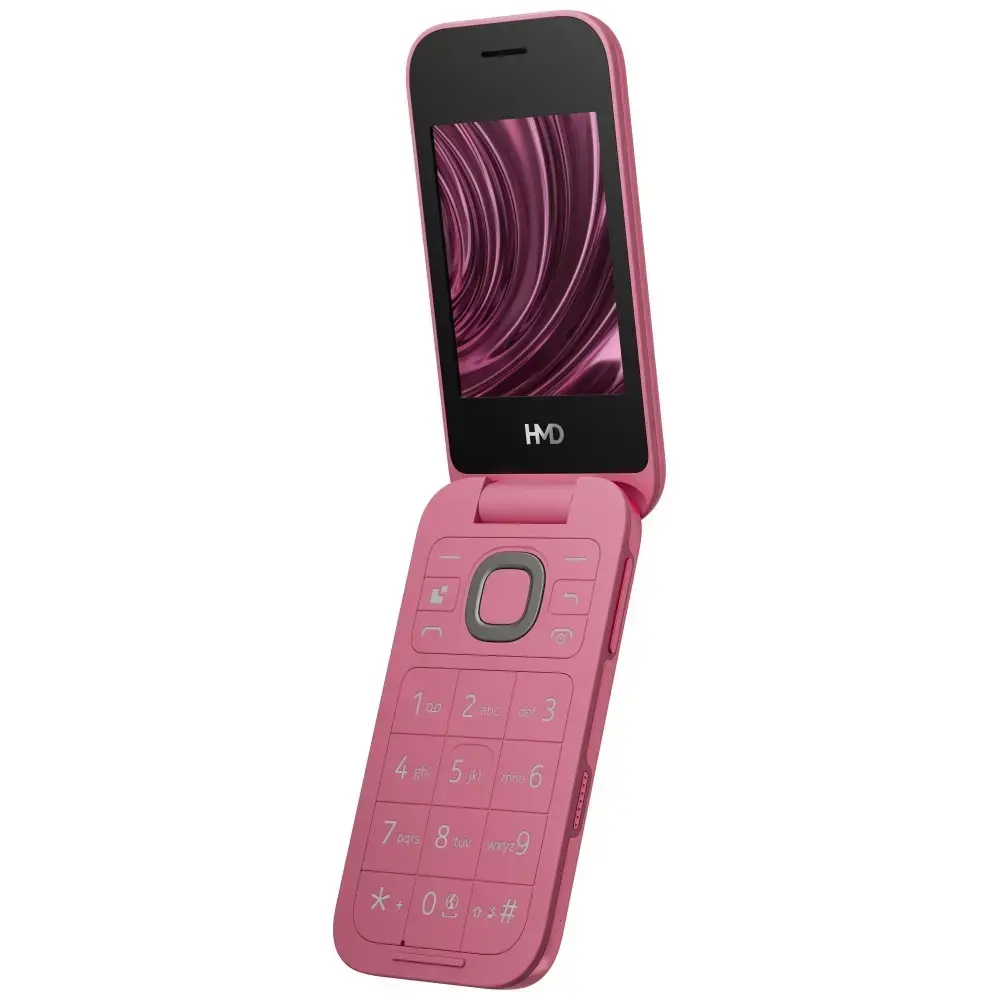 Un telefono cellulare a conchiglia rosa con tastiera bianca e uno schermo con motivo astratto.