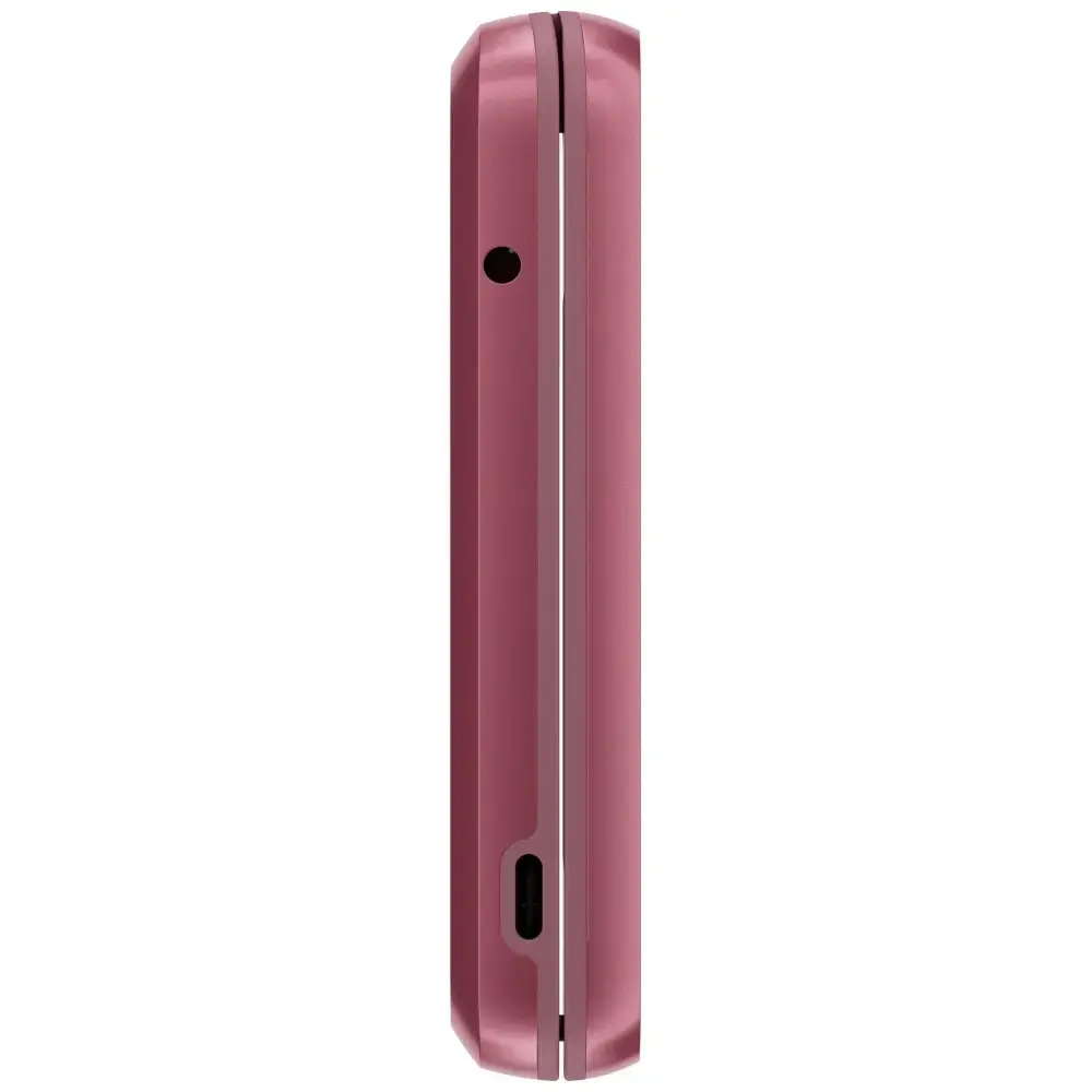 Vista laterale di un telefono a conchiglia rosa chiuso che mostra il jack per cuffie e la porta di ricarica.