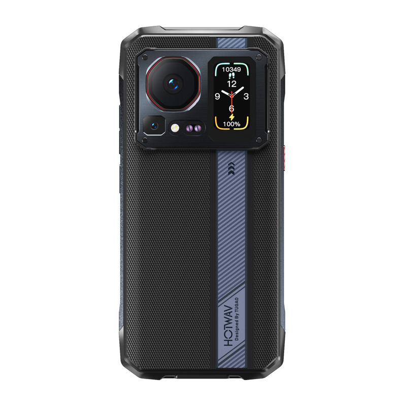 Retro di uno smartphone nero robusto con ampio modulo fotocamera e display secondario.