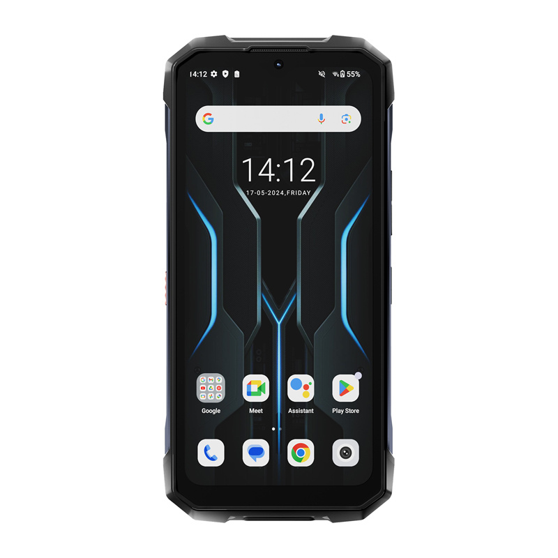 Uno smartphone nero robusto che mostra l'ora 14:12, le icone delle app e uno sfondo geometrico scuro.