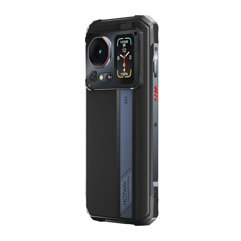 Retro di uno smartphone nero robusto con grande modulo fotocamera e piccolo display ausiliario.