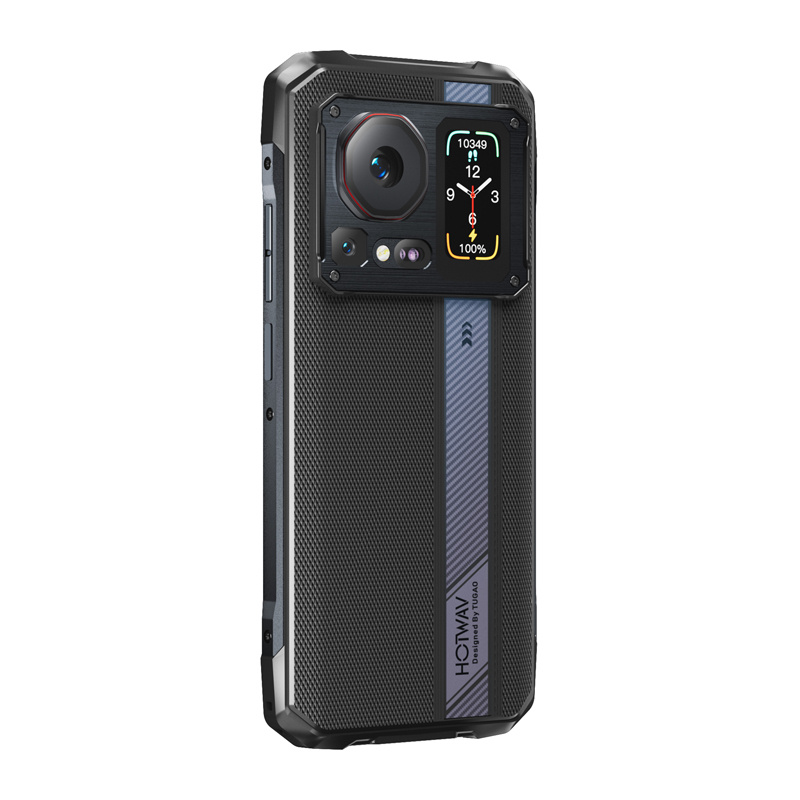 Retro di uno smartphone nero rugged con display integrato e modulo fotocamera.