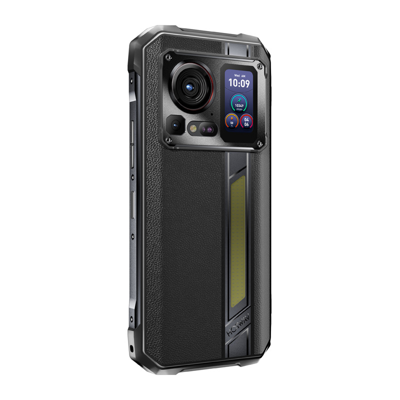 Retro di uno smartphone nero robusto con una grande fotocamera e un piccolo schermo secondario.