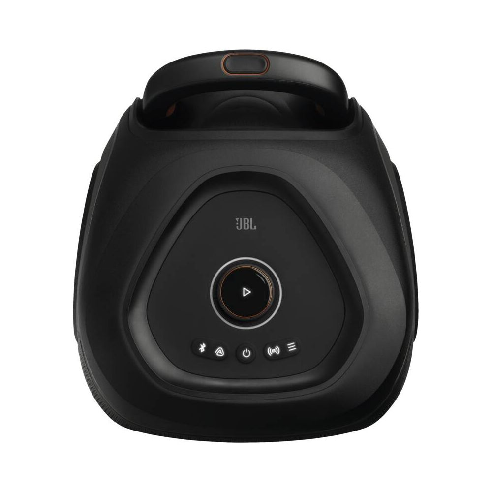 Vista superior de un altavoz JBL negro con asa y botones de control circulares.