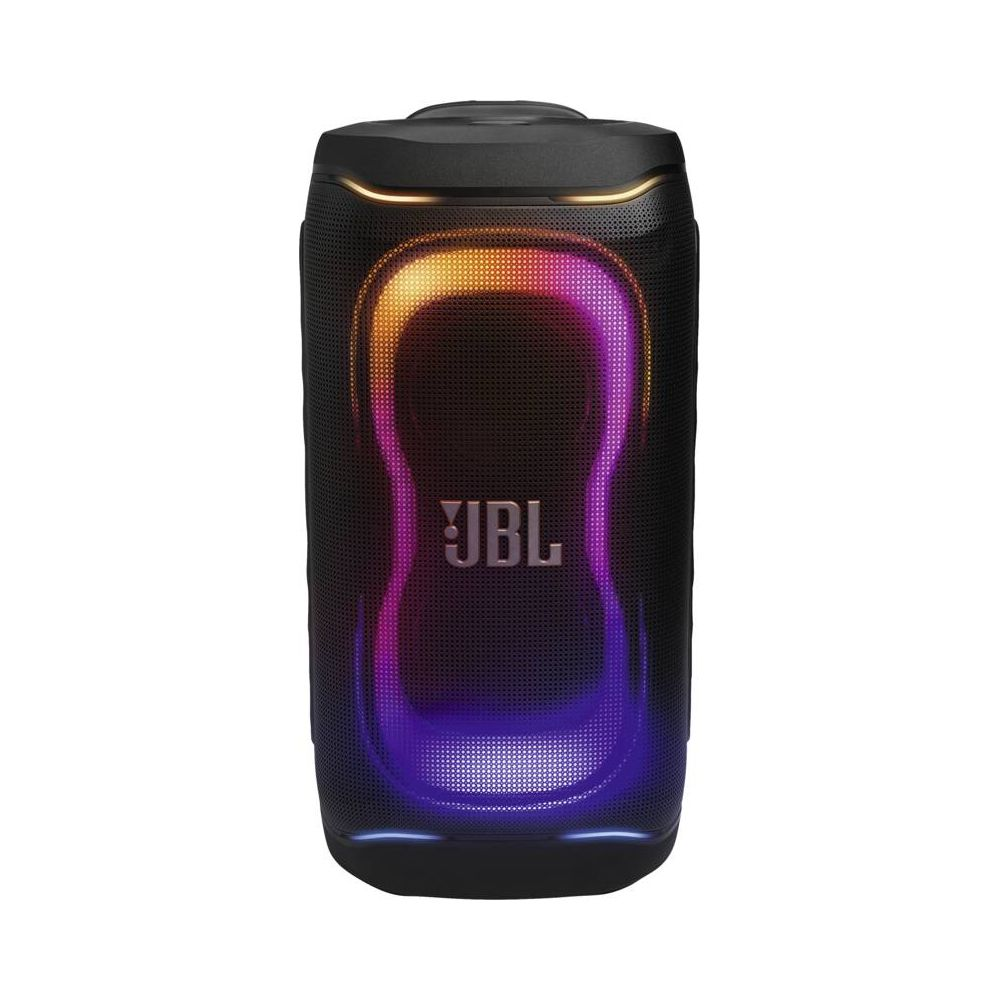 Altavoz Bluetooth JBL negro con luces LED circulares brillantes y cambiantes en el frente.