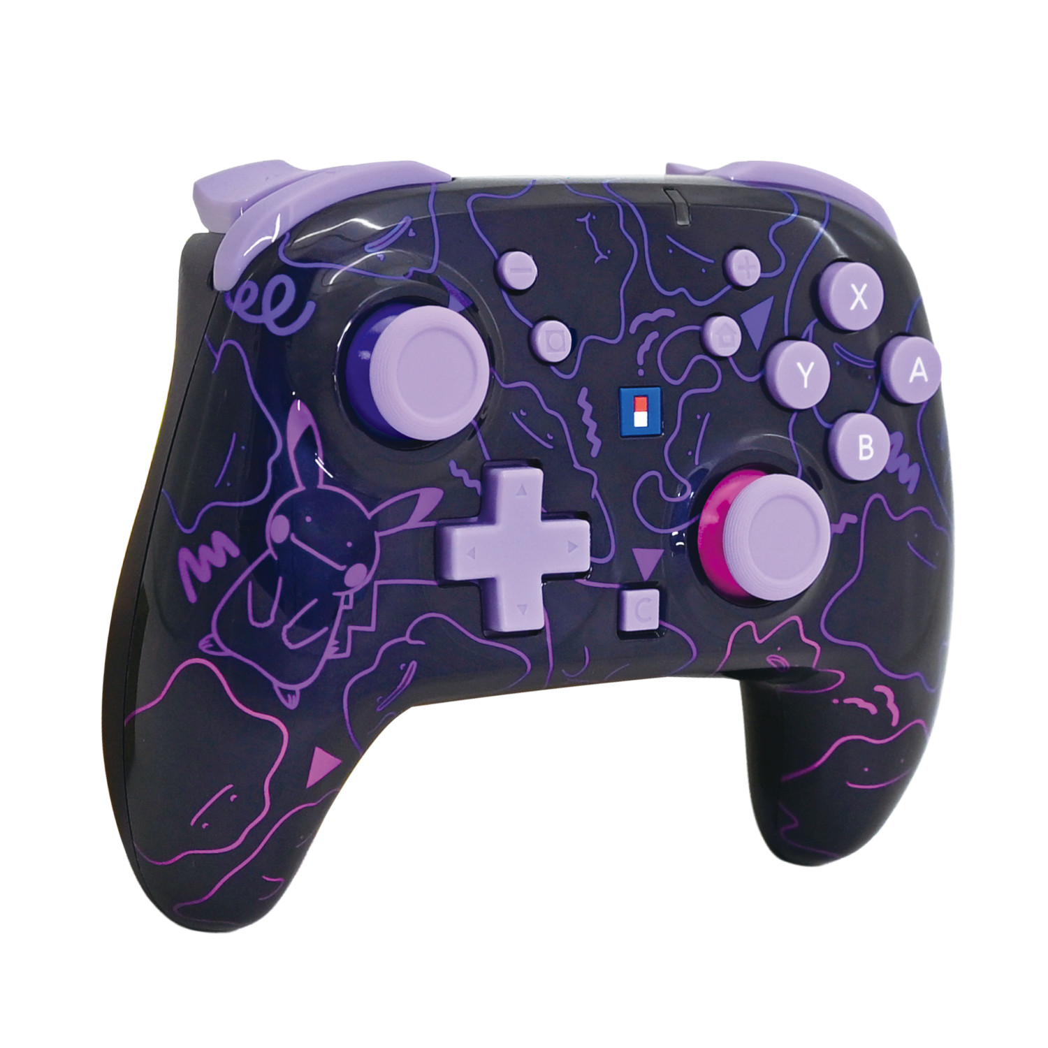 Fioletowy kontroler do gier z motywem Pikachu, padem kierunkowym, joystickami i przyciskami ABXY na białym tle.