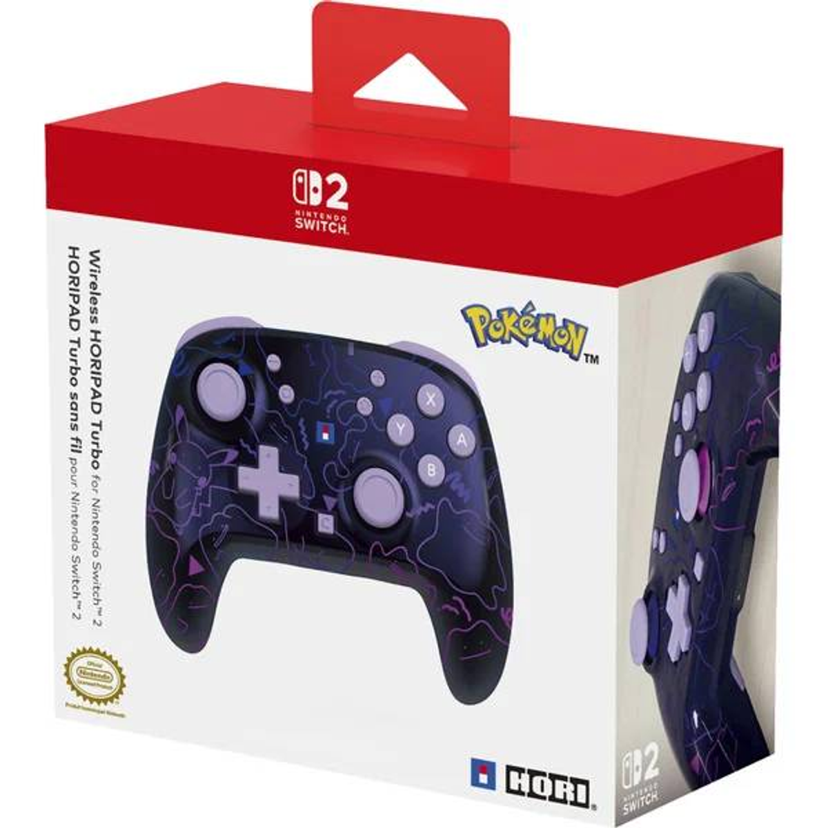Opakowanie kontrolera bezprzewodowego Pokémon do Nintendo Switch 2, w ciemnoniebieskim kolorze z fioletowymi detalami.