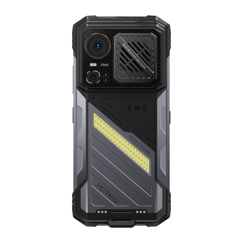 Retro di uno smartphone rugged Hotwav in grigio e nero con fotocamera e striscia LED.