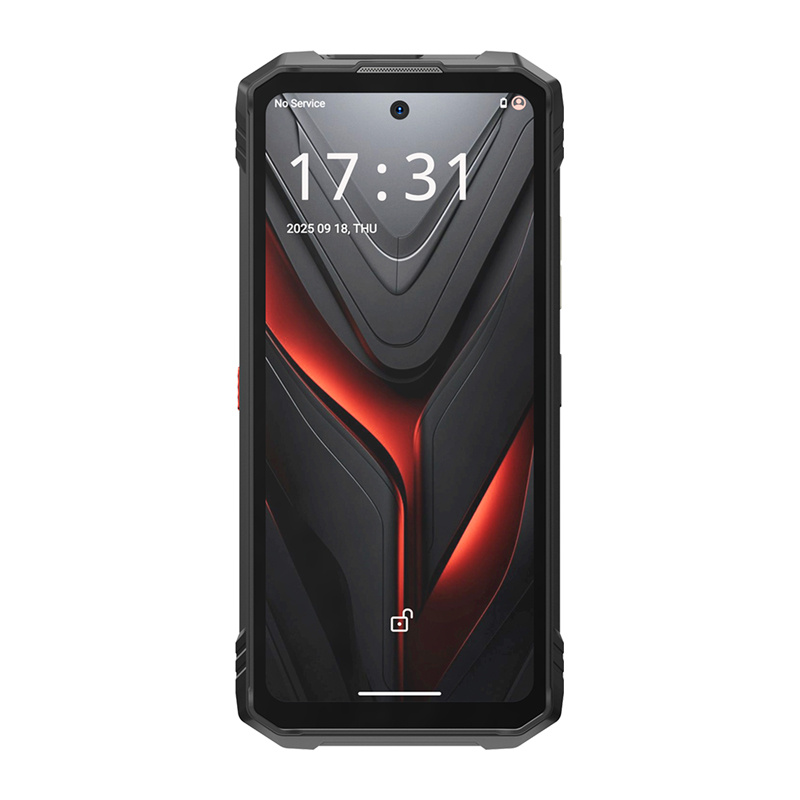 Uno smartphone nero robusto con uno sfondo astratto rosso e grigio sullo schermo che mostra l'ora.