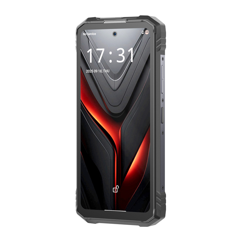 Uno smartphone grigio e robusto con uno schermo nero che mostra l'ora e un motivo rosso e nero.