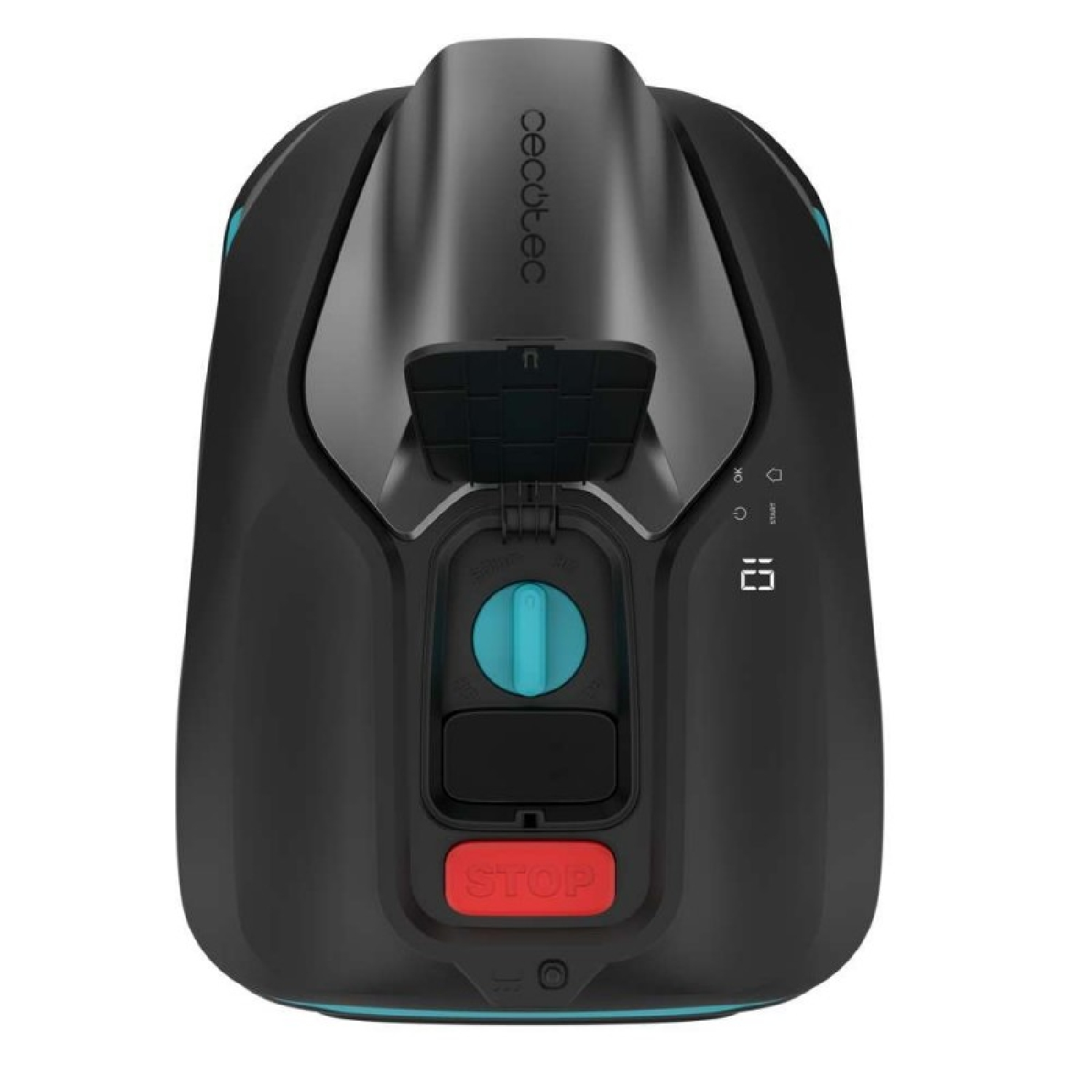 Un cortacésped robótico negro con un dial turquesa, un botón de parada rojo y una tapa de control abierta.