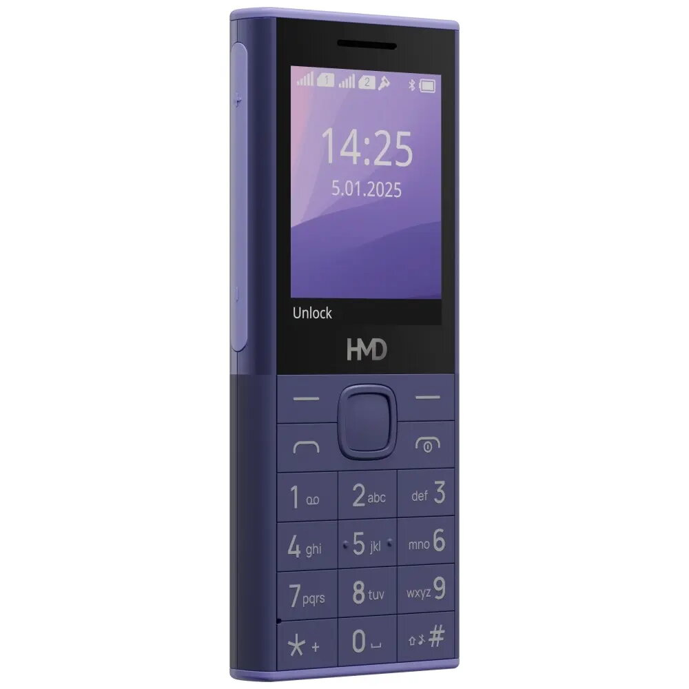 Telefono cellulare HMD viola con schermo a colori, tastiera fisica e data 14:25.