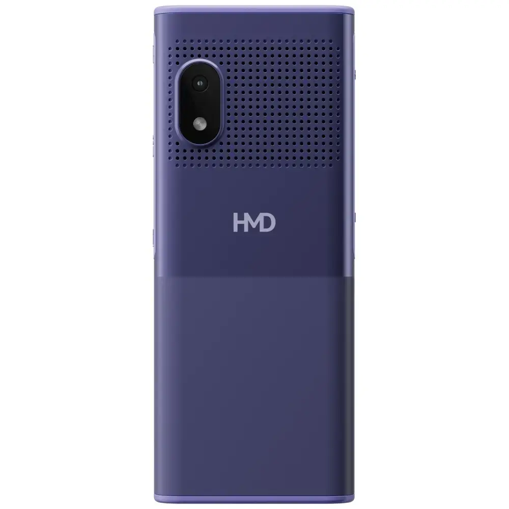 Retro di uno smartphone HMD viola con griglia per altoparlante integrata, fotocamera e logo HMD.