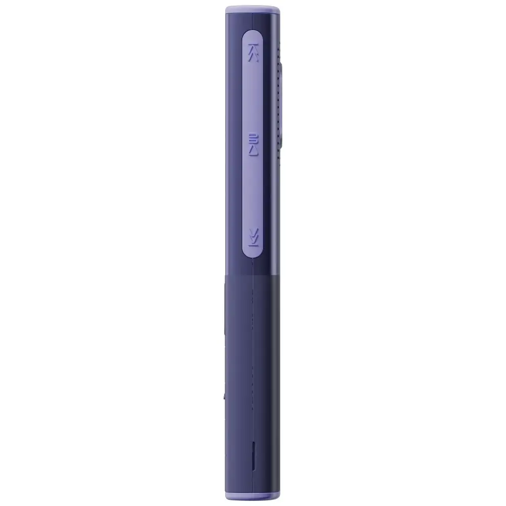 Vista verticale del lato di un dispositivo blu scuro con pulsanti viola e icone su sfondo bianco.