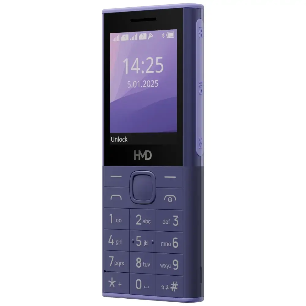 Un telefono cellulare viola con tastiera fisica, display e marchio HMD.