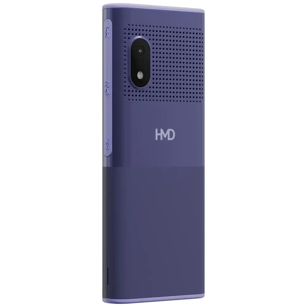 Smartphone HMD viola, vista posteriore con fotocamera, griglia altoparlante e logo HMD su sfondo bianco.
