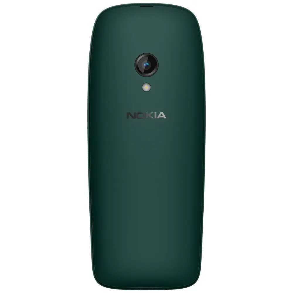 Il retro di un telefono Nokia verde scuro con una fotocamera, il flash e il logo Nokia al centro.
