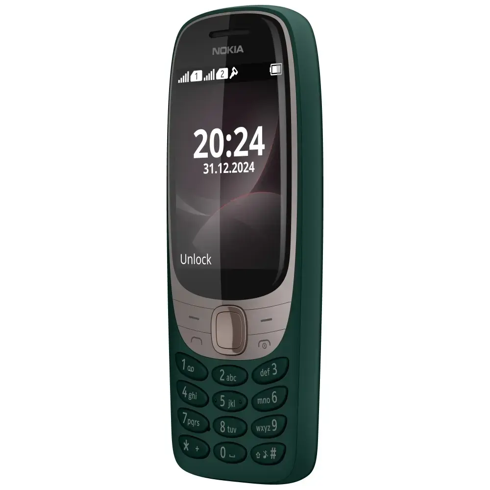 Cellulare Nokia verde scuro con schermo illuminato che mostra data e ora.