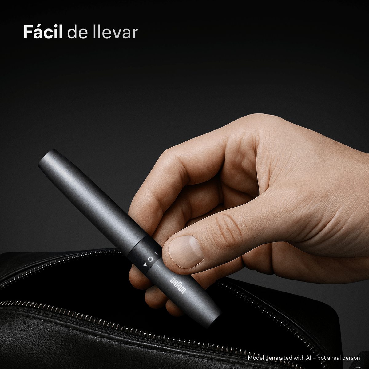 Una mano ripone una penna Braun scura in una borsa di pelle aperta su sfondo scuro.