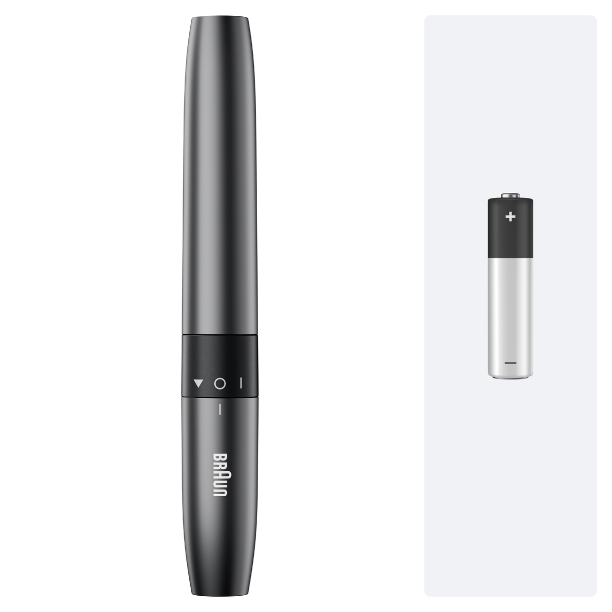 Un rifinitore grigio Braun con anello nero e interruttore, accanto a una batteria AA.