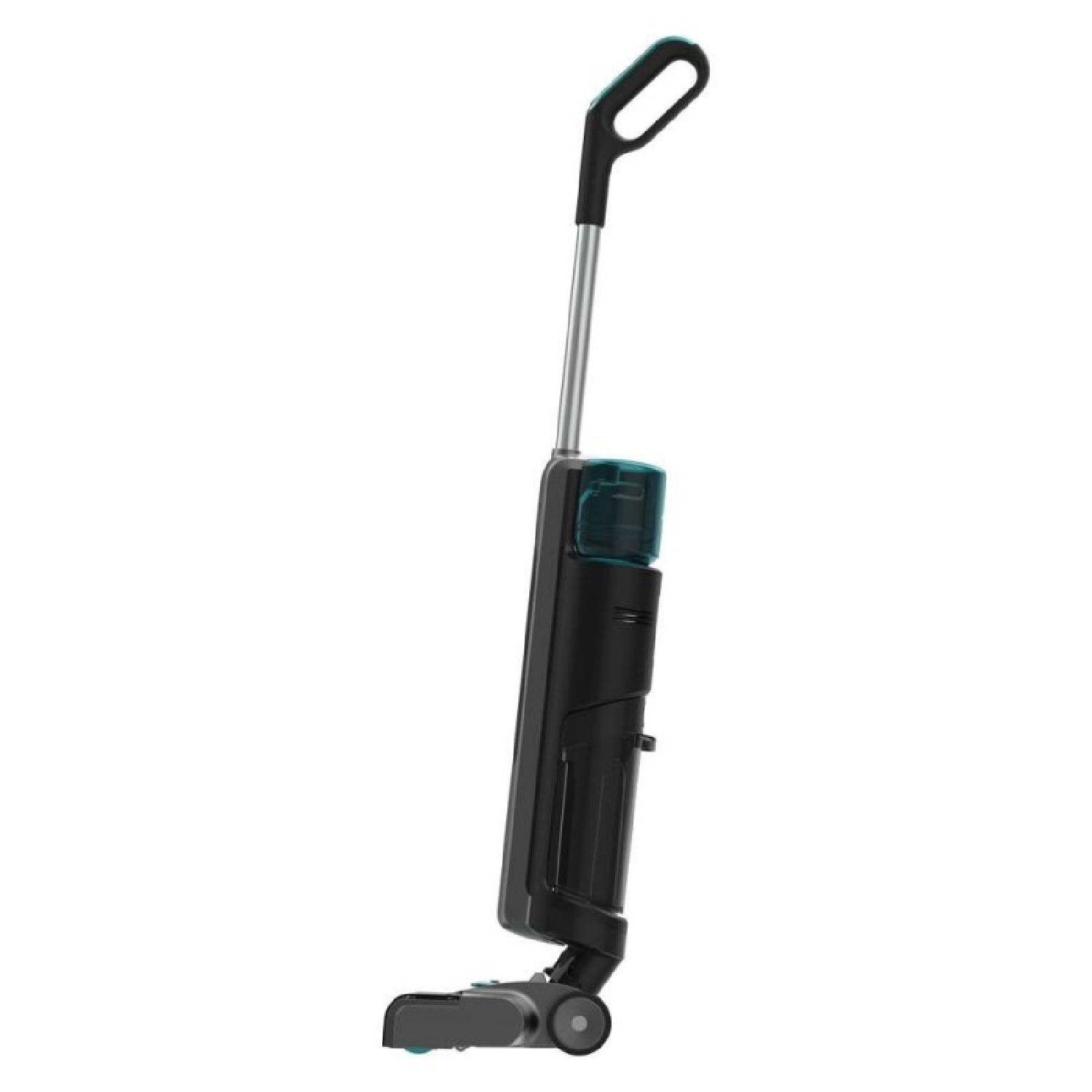 Un pulitore per pavimenti cordless nero con un'asta argentata e un serbatoio d'acqua blu trasparente.