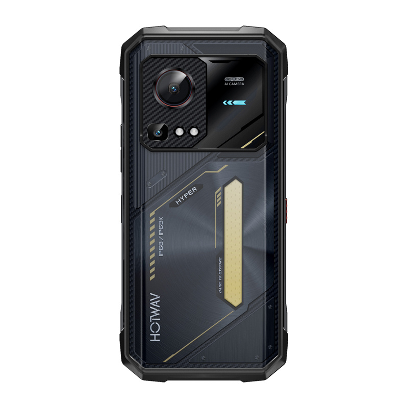 Retro di uno smartphone robusto grigio scuro con modulo fotocamera, dettagli dorati e logo Hotwav.