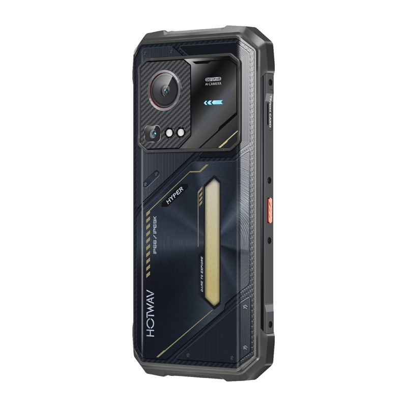 Retro di uno smartphone blu robusto con un grande modulo fotocamera e dettagli metallici.