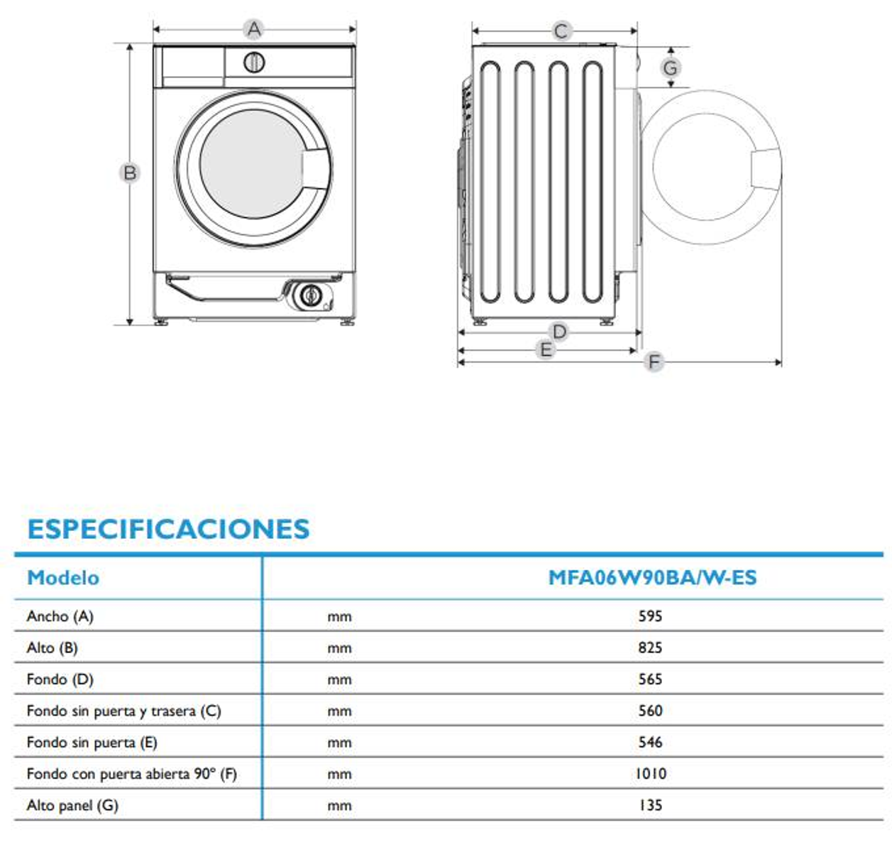 Diagrama de una lavadora con dimensiones y tabla de especificaciones.
