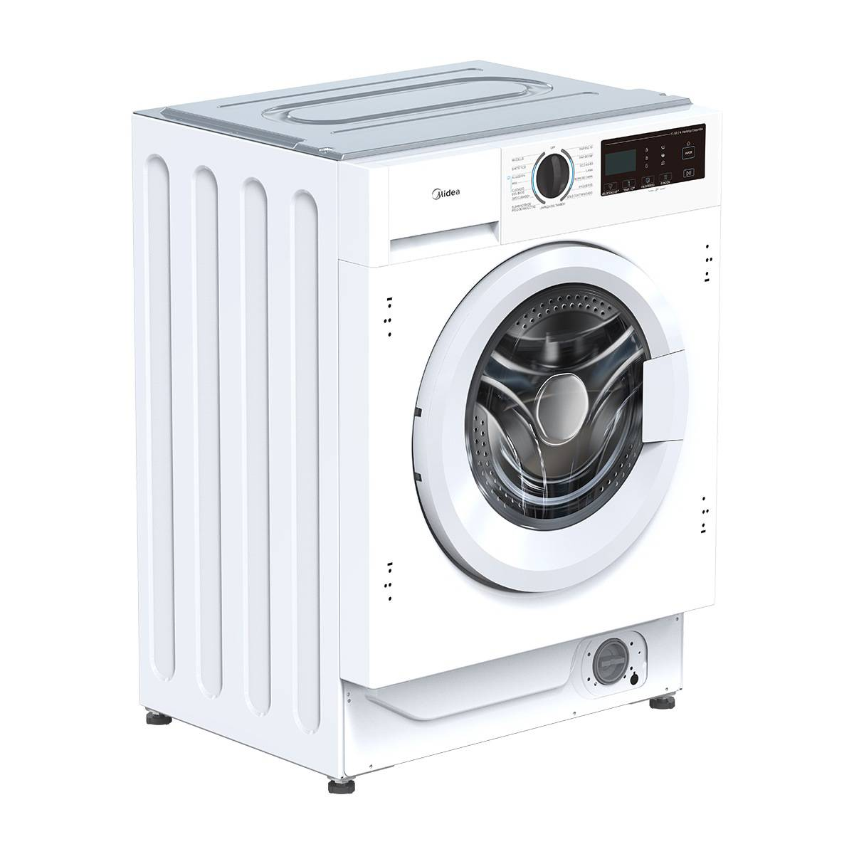 Una lavadora Midea blanca con puerta de vidrio redonda, pantalla digital y perilla giratoria.