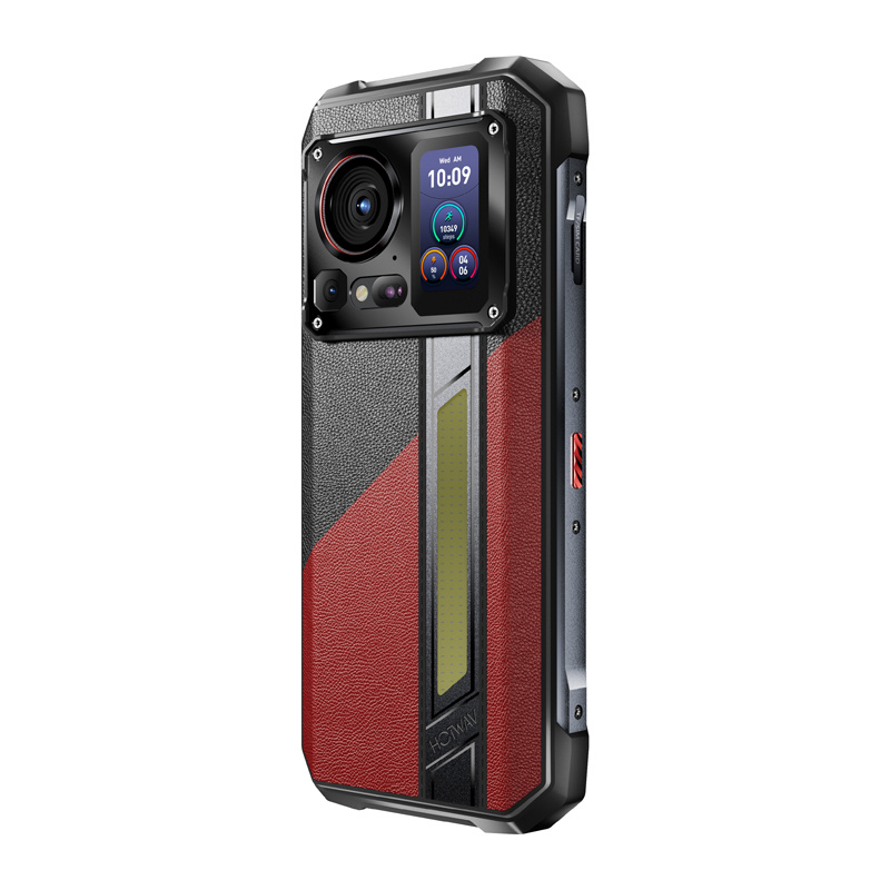 Smartphone rugged con dorso rosso e nero, modulo fotocamera circolare e piccolo schermo.