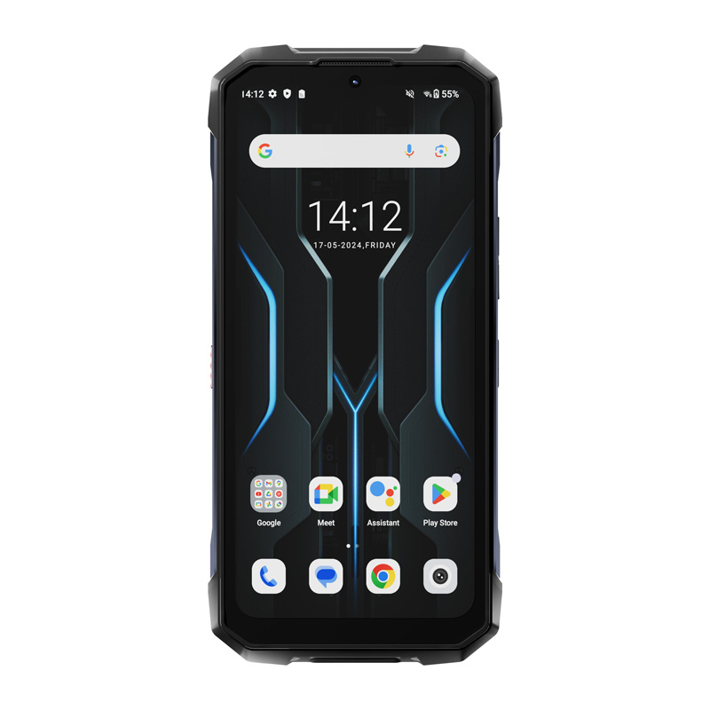Uno smartphone rugged nero mostra la schermata iniziale con icone di app e orologio digitale alle 14:12.