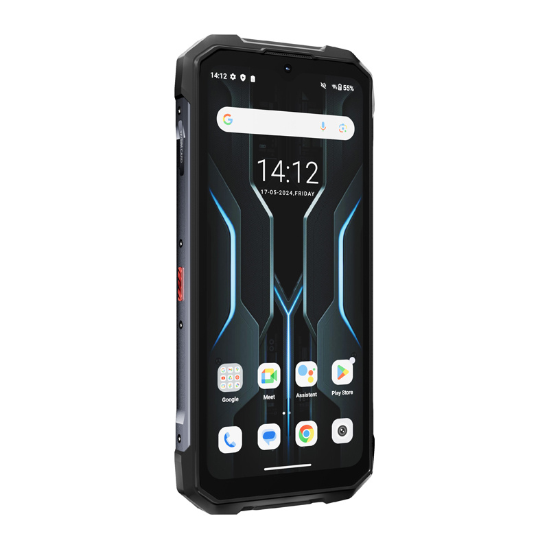 Uno smartphone rugged nero con sfondo blu astratto, icone delle app e ora mostrata sullo schermo.