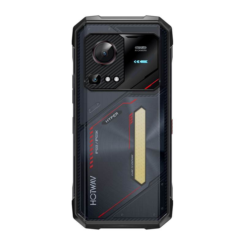 Retro di uno smartphone rugged grigio scuro con dettagli rossi, fotocamera e scritta HOTWAV.