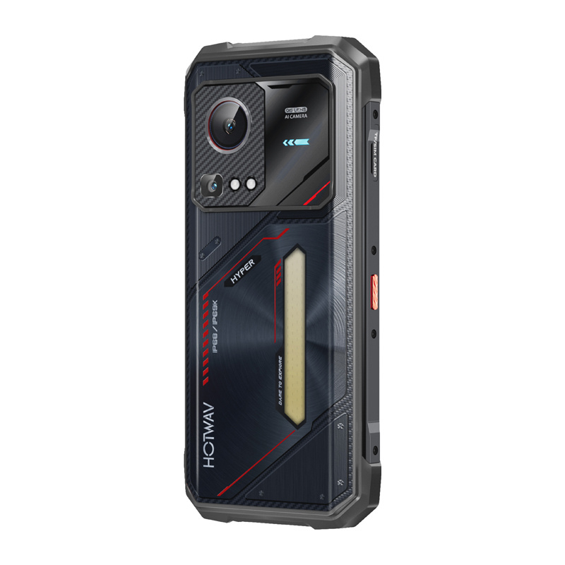 Retro di uno smartphone robusto blu scuro con fotocamera, dettagli rossi e logo Hotwav.