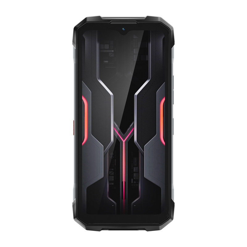 Uno smartphone da gioco nero e robusto con linee rosse luminose sul retro.