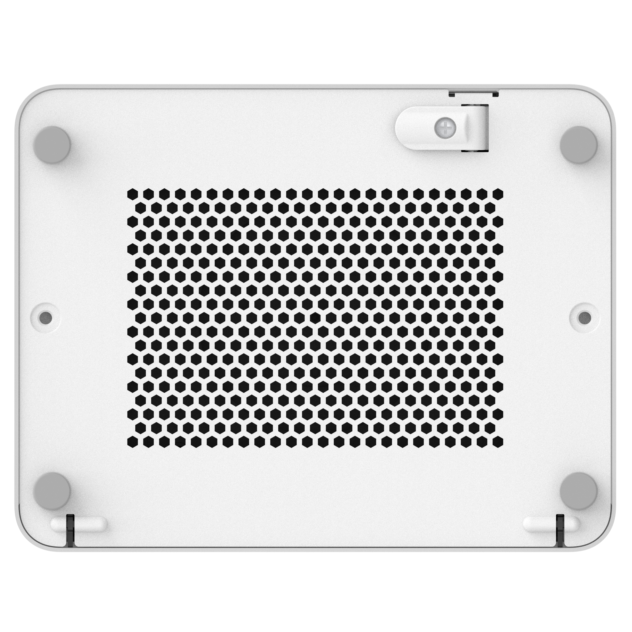 Base bianca con griglia di ventilazione a nido d'ape centrale, quattro piedi tondi e piccole viti.