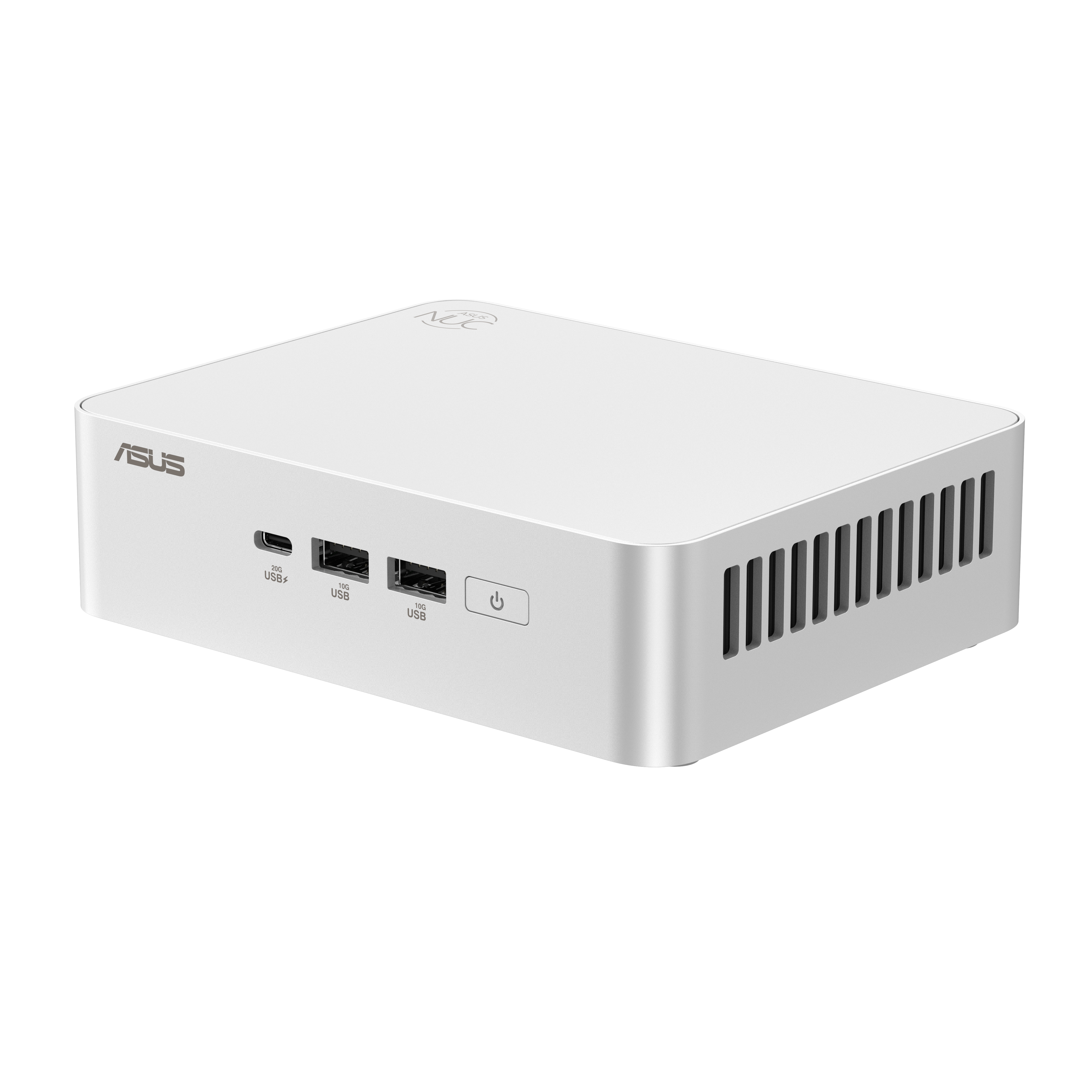 Un mini PC ASUS NUC bianco e compatto con porte USB, pulsante di accensione e feritoie di ventilazione su sfondo bianco.