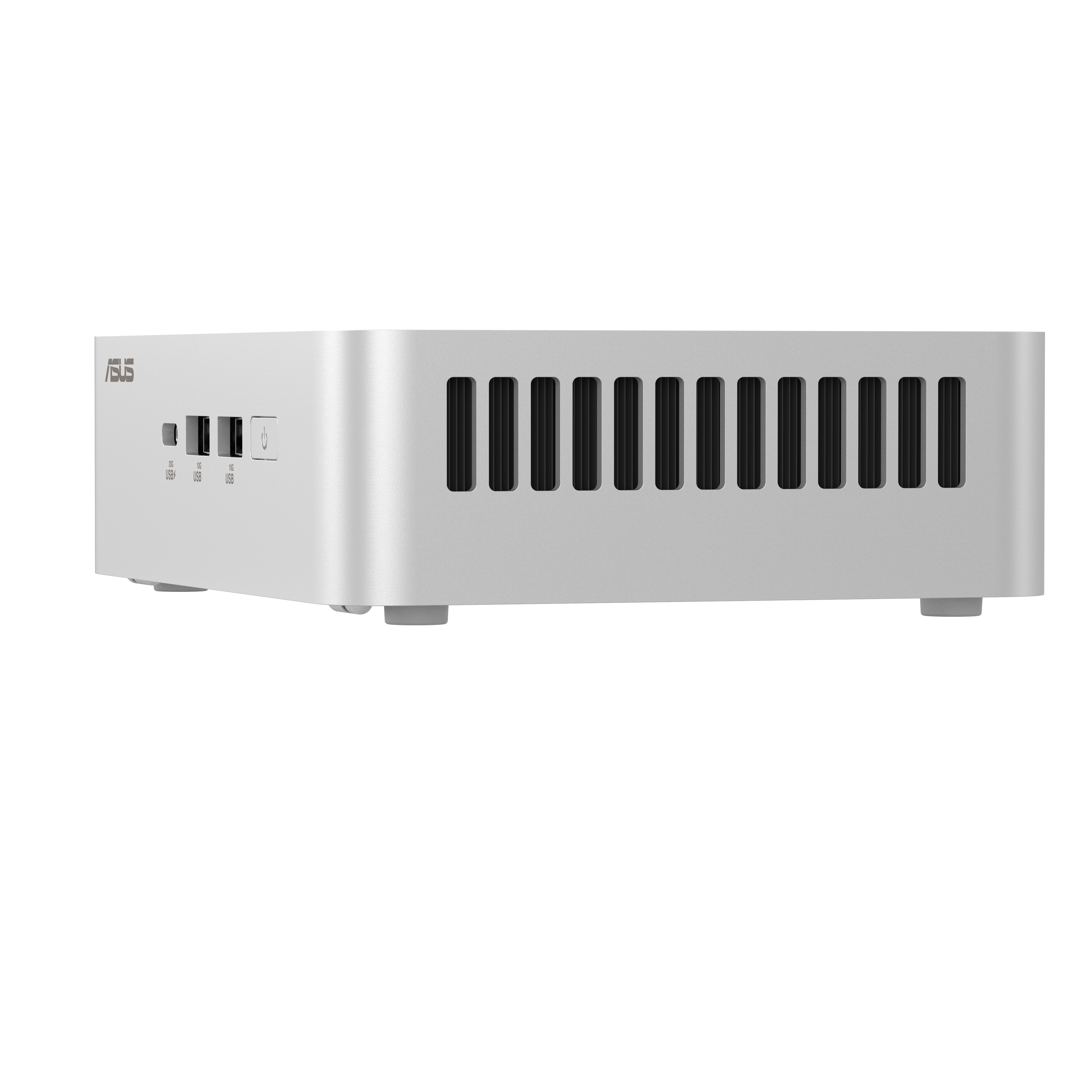 Mini PC ASUS argento con porte anteriori e feritoie di ventilazione laterali su sfondo bianco.