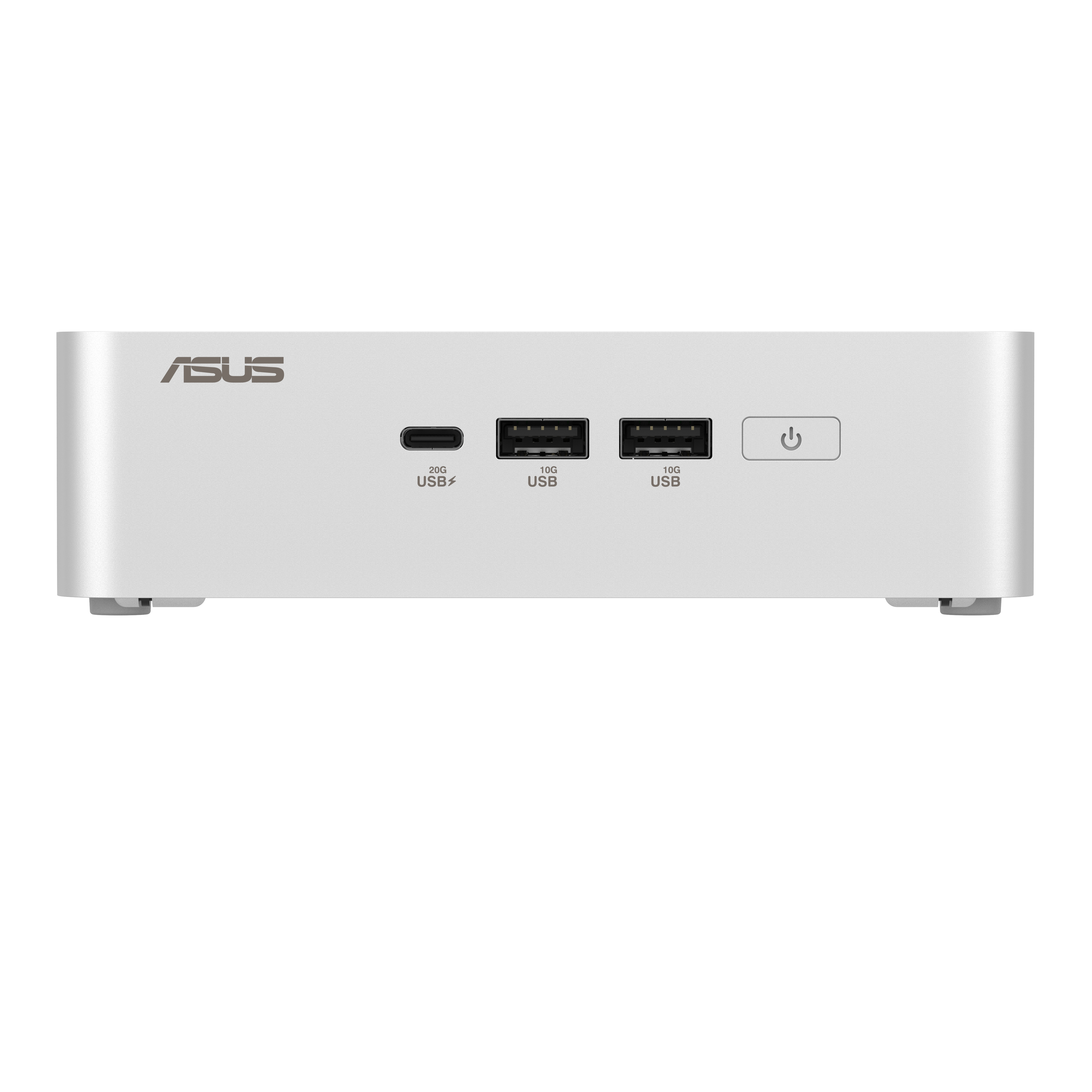 Vista frontale di un mini PC ASUS argento con porte USB e pulsante di accensione.