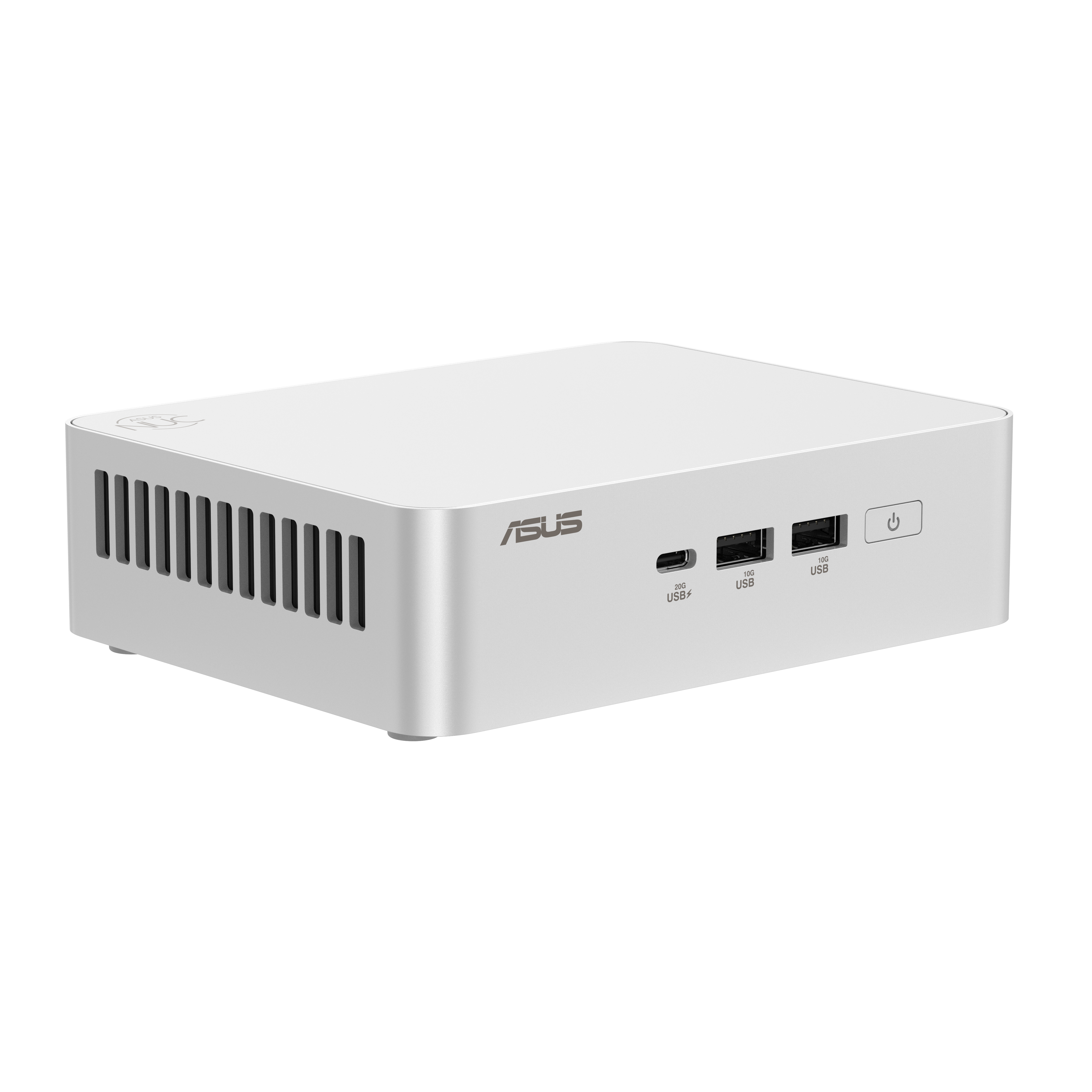 Mini PC ASUS argento compatto con porte USB frontali e pulsante di accensione, visto di sbieco su fondo bianco.