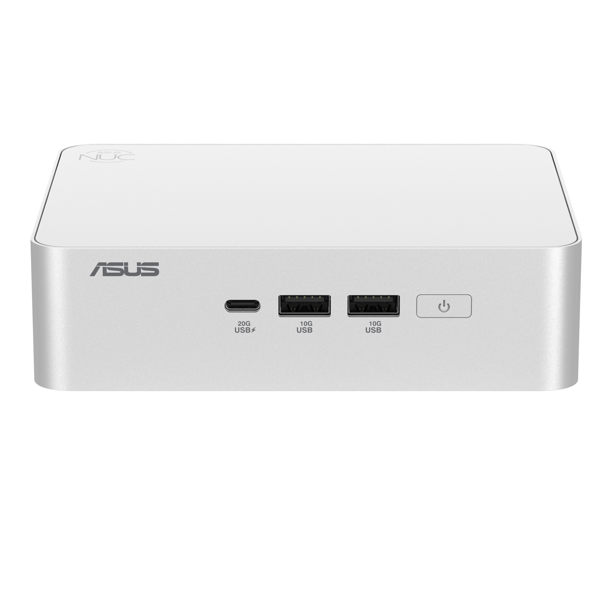 Mini PC ASUS NUC argentato con una porta USB-C, due porte USB e un pulsante di accensione.